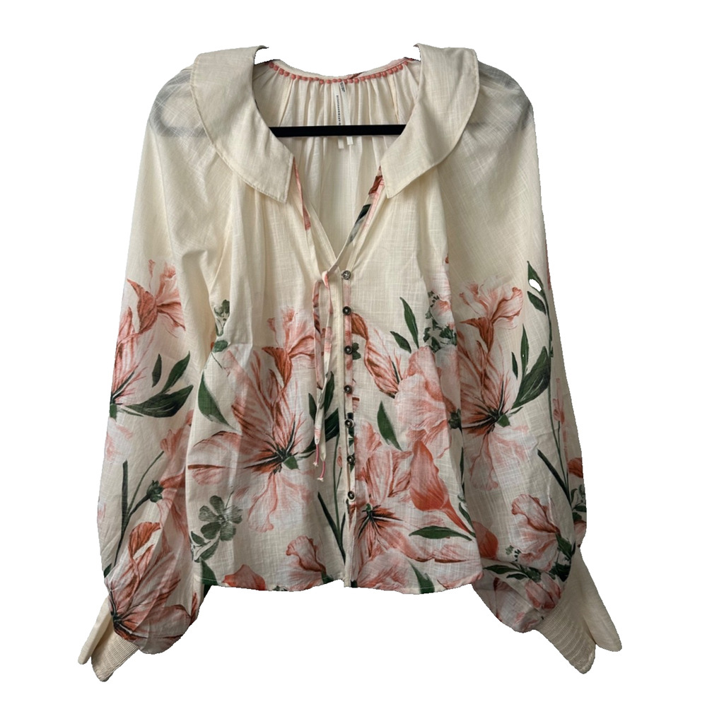 Anthropologie floral XS Long-Sleeve Smocked tassel Top peasant romantic A24